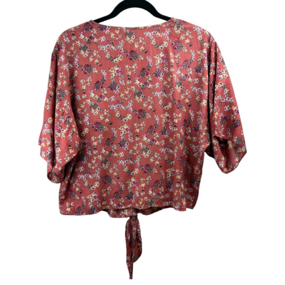 Japna Pink Floral Tie Front Hem Crop Boho Blouse Sz Large Beachy Feminine Casual - Picture 2 of 6